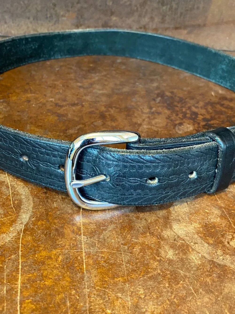 Fisher's Leather Goods Black Embossed Leather Belt Barbed Wire Western Size 29